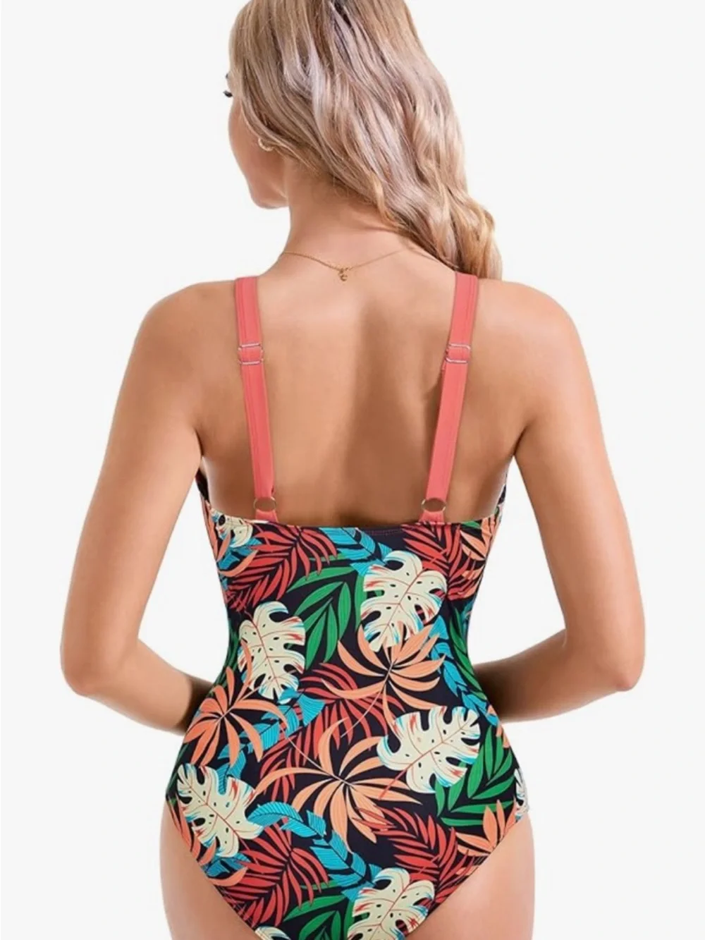 🚘 NWOT High Waist 1-Piece Swimsuit in Coral with Tropical Print mesh middle XXL - Picture 3 of 10